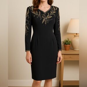 Jack Bryan Vintage Black Beaded Shoulder Pad Cocktail Dress